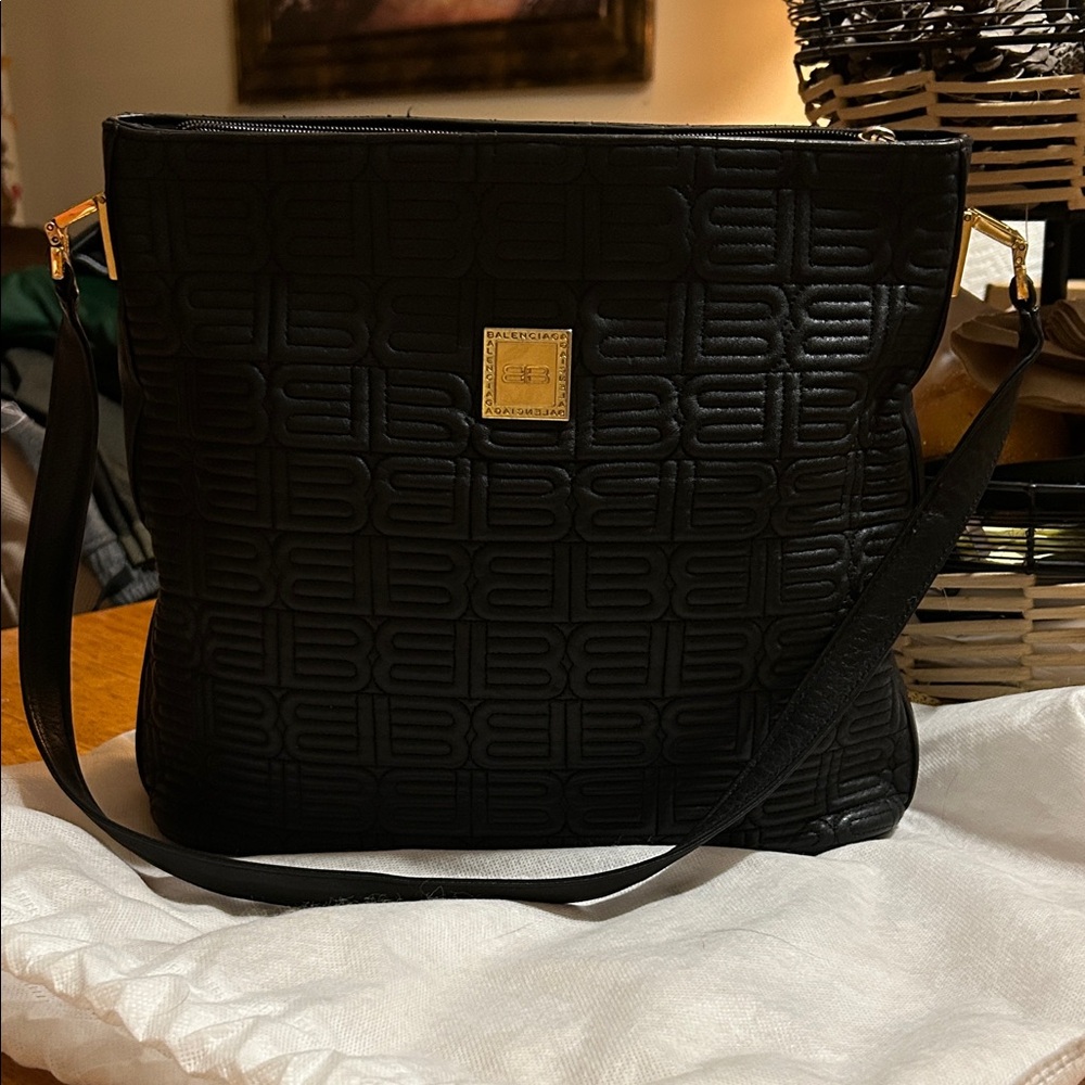 Balenciaga Black Quilted Shoulder Bag with Gold Plaque
